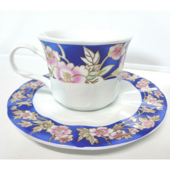 VTG Blue White 6oz DEMITASSE Espresso TEA CUP & SAUCER Pink Gold Floral TR Mark - Picture 3 of 8
